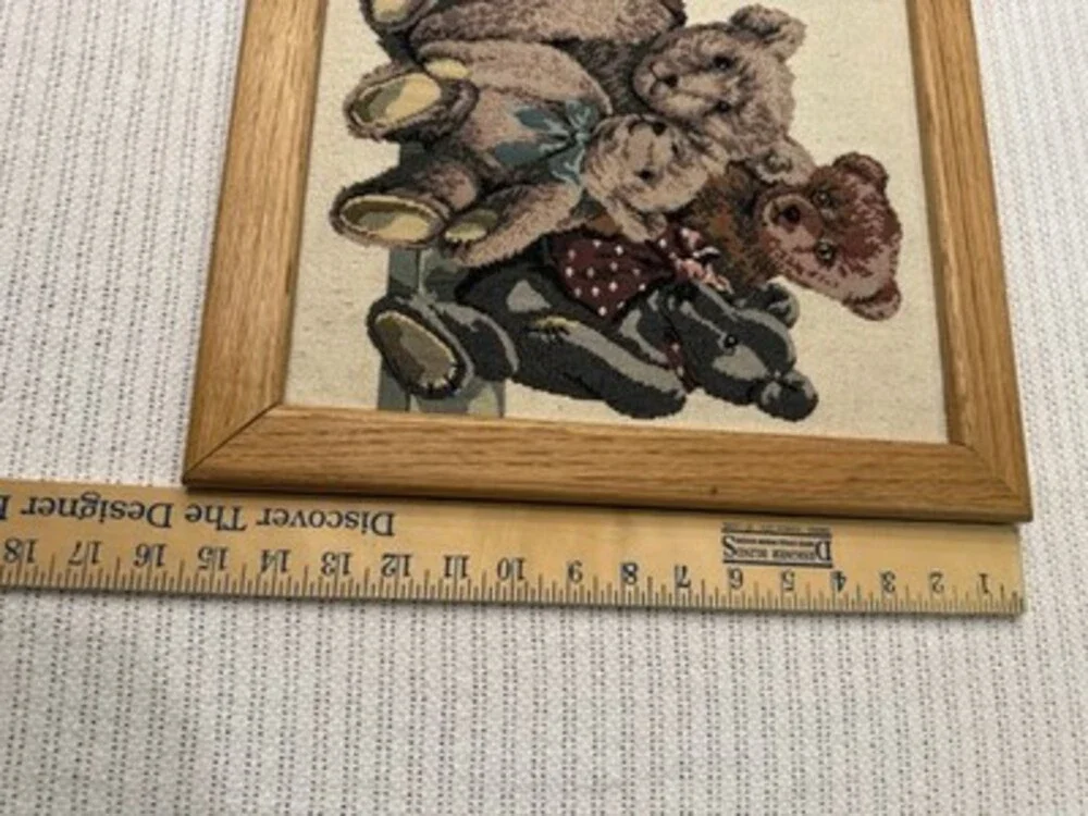 Vintage 90s Dakotah Woven Tapestry Textile Teddy Bears Handmade Oak Frame 36x16